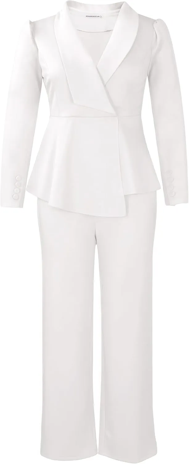 Women Suit Jacket 2 Piece Ruffle Blazer with Wide Leg Pants Suit Long Sleeve Business Casual Outfits
