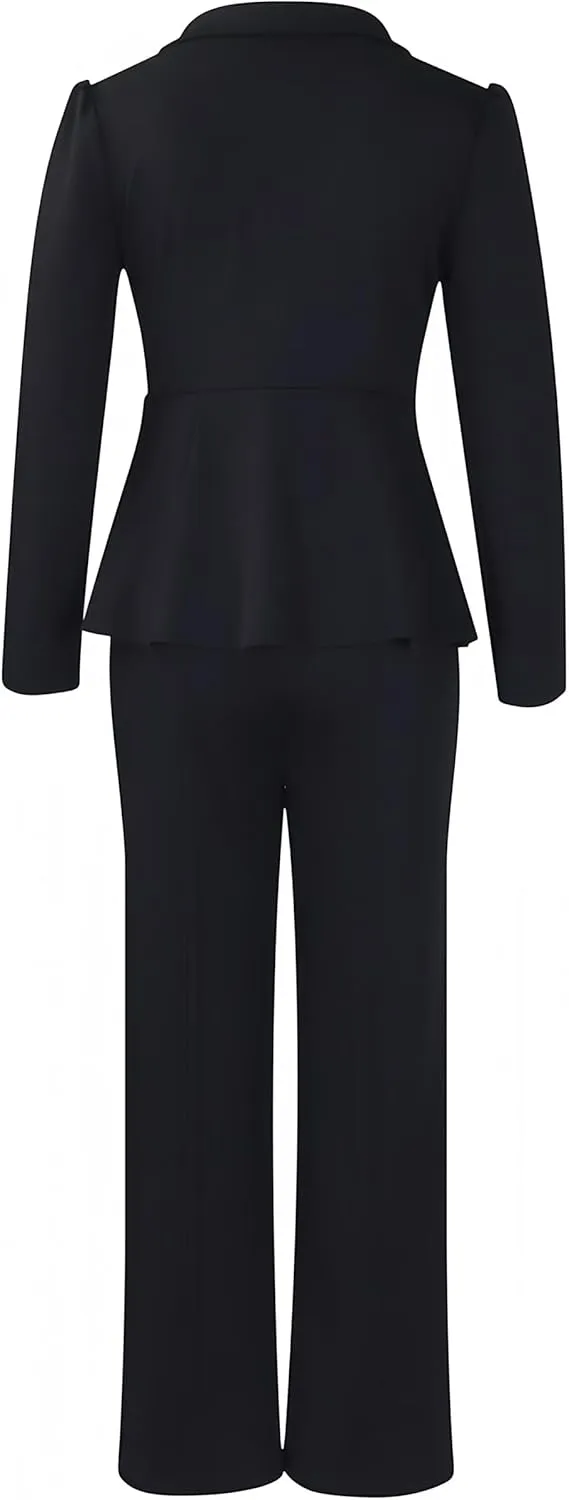 Women Suit Jacket 2 Piece Ruffle Blazer with Wide Leg Pants Suit Long Sleeve Business Casual Outfits