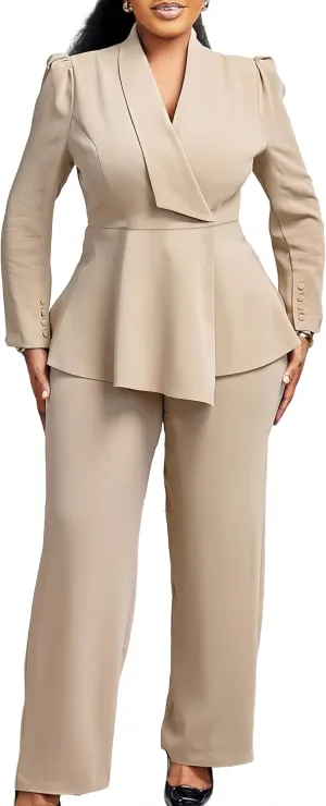 Women Suit Jacket 2 Piece Ruffle Blazer with Wide Leg Pants Suit Long Sleeve Business Casual Outfits