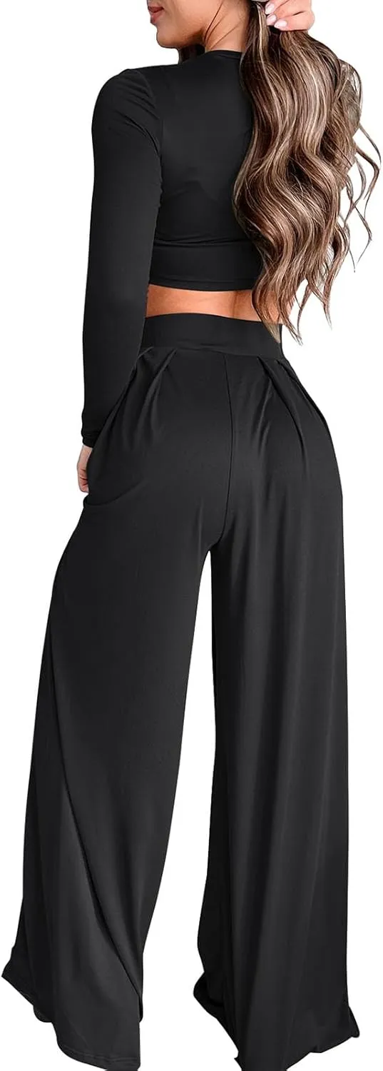 Womens 2 Piece Lounge Sets Fall Long Sleeve Crop Tops Two Piece Outfits Wide Leg Palazzo Pants Set Matching Tracksuits