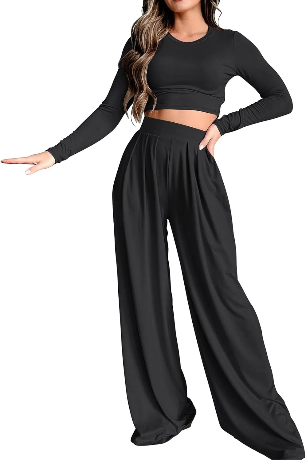 Womens 2 Piece Lounge Sets Fall Long Sleeve Crop Tops Two Piece Outfits Wide Leg Palazzo Pants Set Matching Tracksuits