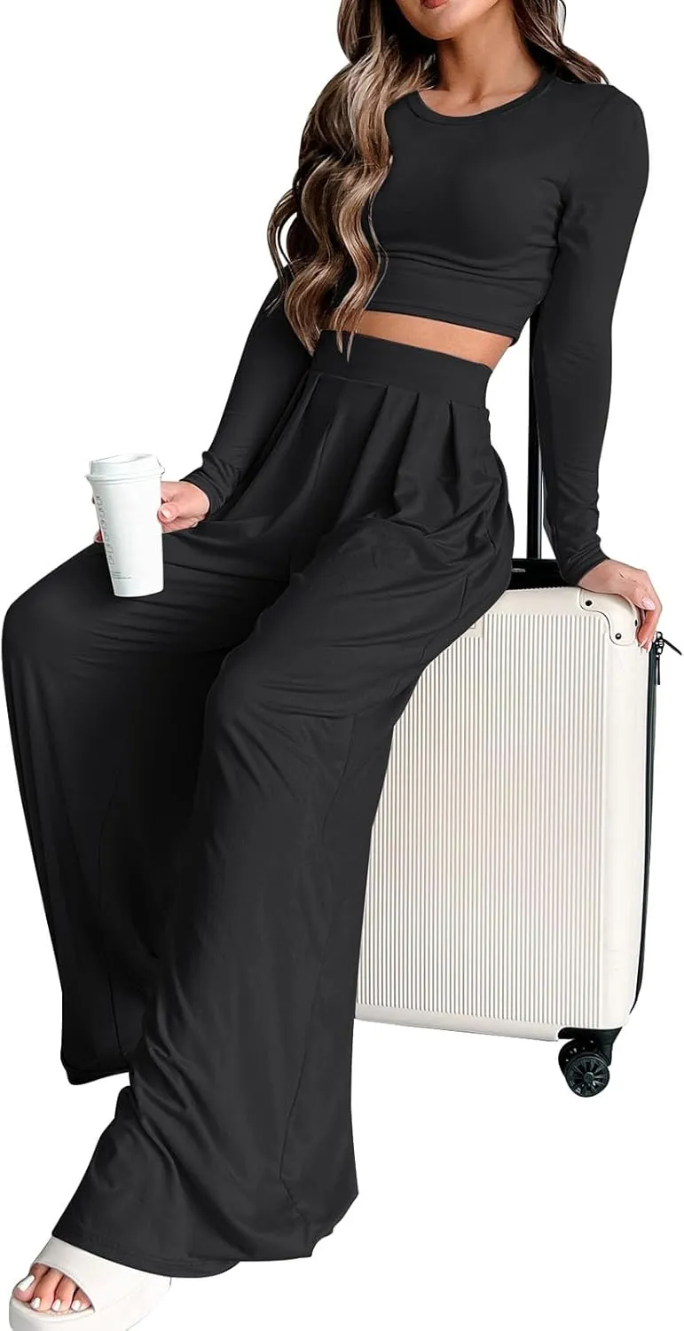 Womens 2 Piece Lounge Sets Fall Long Sleeve Crop Tops Two Piece Outfits Wide Leg Palazzo Pants Set Matching Tracksuits