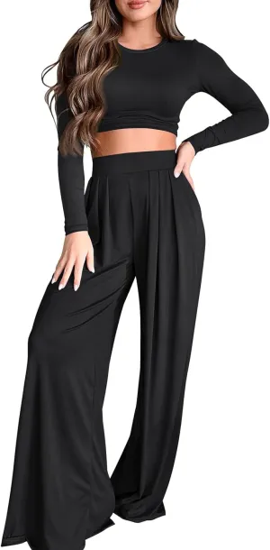 Womens 2 Piece Lounge Sets Fall Long Sleeve Crop Tops Two Piece Outfits Wide Leg Palazzo Pants Set Matching Tracksuits