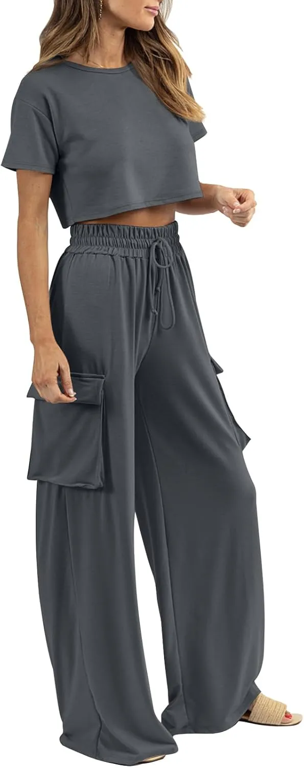 Womens 2 Piece Lounge Sets Summer Short Sleeve Crop Tops Two Piece Outfits Wide Leg Palazzo Pants Set Tracksuits