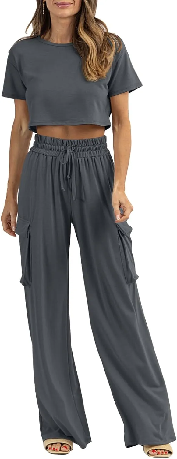 Womens 2 Piece Lounge Sets Summer Short Sleeve Crop Tops Two Piece Outfits Wide Leg Palazzo Pants Set Tracksuits