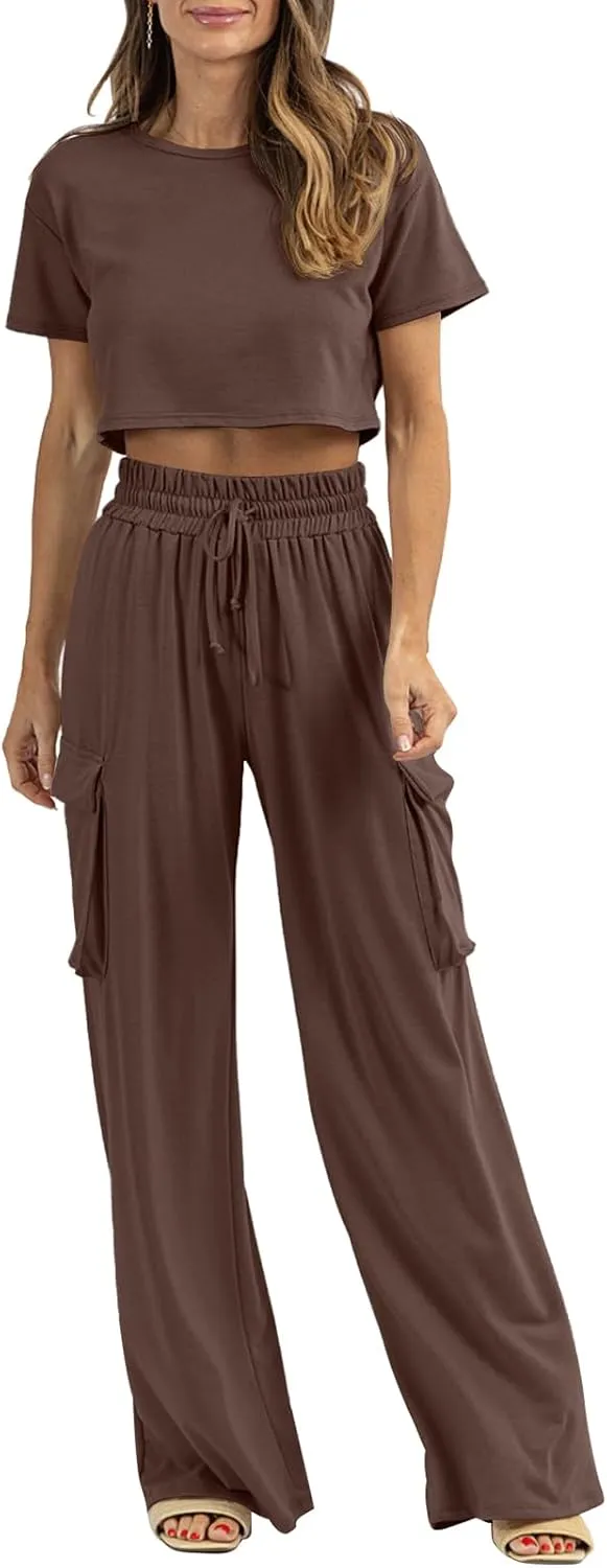 Womens 2 Piece Lounge Sets Summer Short Sleeve Crop Tops Two Piece Outfits Wide Leg Palazzo Pants Set Tracksuits