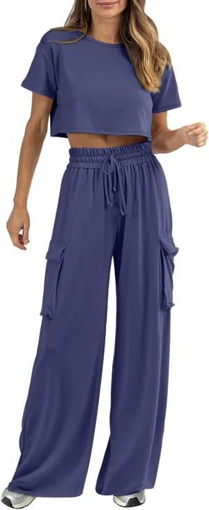 Womens 2 Piece Lounge Sets Summer Short Sleeve Crop Tops Two Piece Outfits Wide Leg Palazzo Pants Set Tracksuits