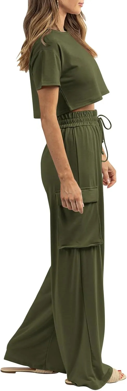 Womens 2 Piece Lounge Sets Summer Short Sleeve Crop Tops Two Piece Outfits Wide Leg Palazzo Pants Set Tracksuits