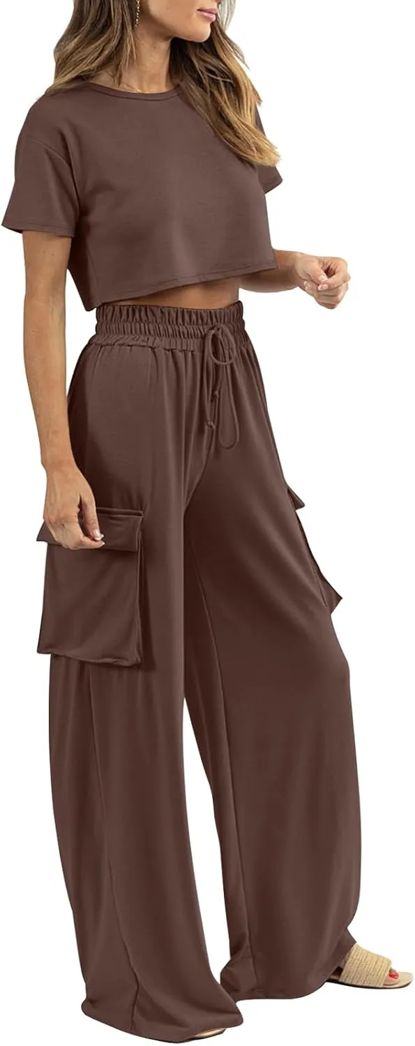 Womens 2 Piece Lounge Sets Summer Short Sleeve Crop Tops Two Piece Outfits Wide Leg Palazzo Pants Set Tracksuits