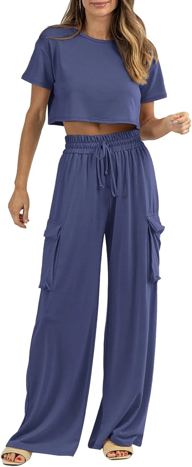 Womens 2 Piece Lounge Sets Summer Short Sleeve Crop Tops Two Piece Outfits Wide Leg Palazzo Pants Set Tracksuits