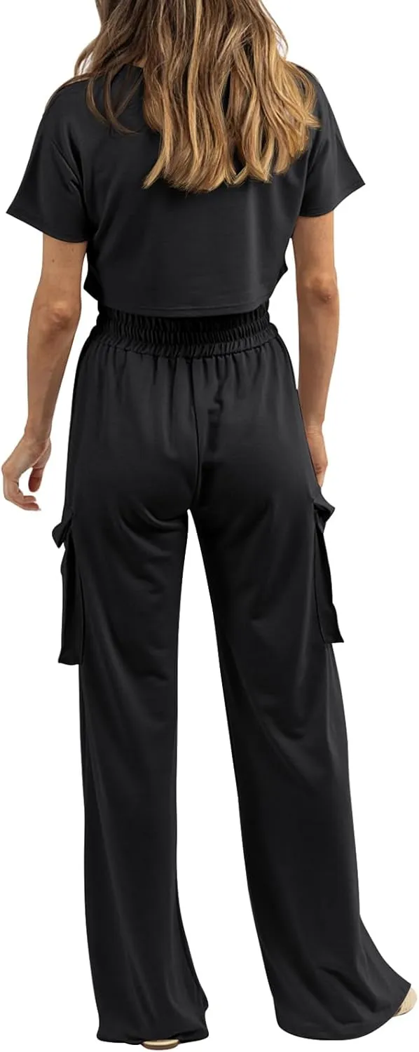 Womens 2 Piece Lounge Sets Summer Short Sleeve Crop Tops Two Piece Outfits Wide Leg Palazzo Pants Set Tracksuits