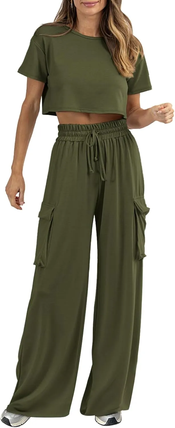 Womens 2 Piece Lounge Sets Summer Short Sleeve Crop Tops Two Piece Outfits Wide Leg Palazzo Pants Set Tracksuits