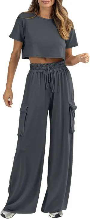 Womens 2 Piece Lounge Sets Summer Short Sleeve Crop Tops Two Piece Outfits Wide Leg Palazzo Pants Set Tracksuits