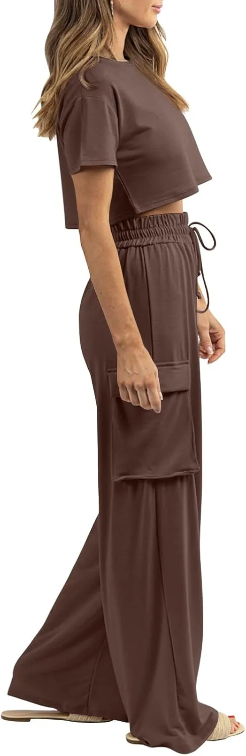 Womens 2 Piece Lounge Sets Summer Short Sleeve Crop Tops Two Piece Outfits Wide Leg Palazzo Pants Set Tracksuits