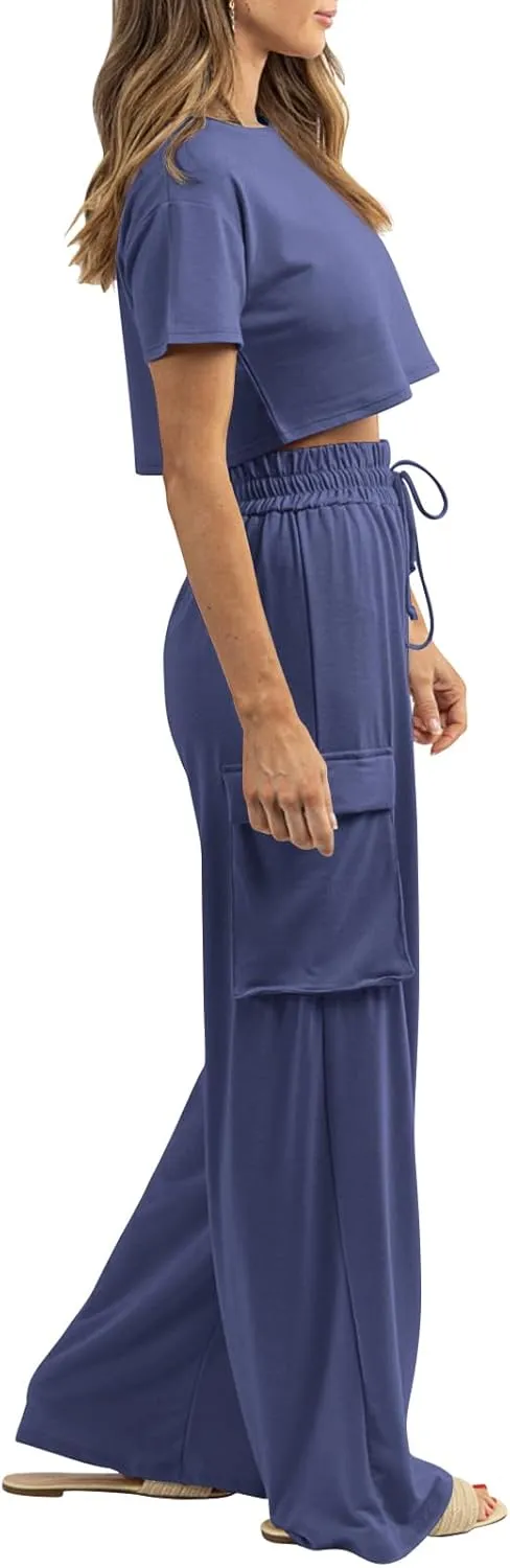 Womens 2 Piece Lounge Sets Summer Short Sleeve Crop Tops Two Piece Outfits Wide Leg Palazzo Pants Set Tracksuits