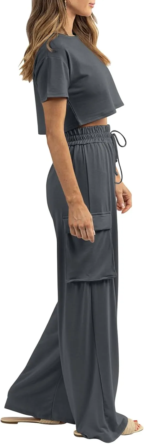 Womens 2 Piece Lounge Sets Summer Short Sleeve Crop Tops Two Piece Outfits Wide Leg Palazzo Pants Set Tracksuits