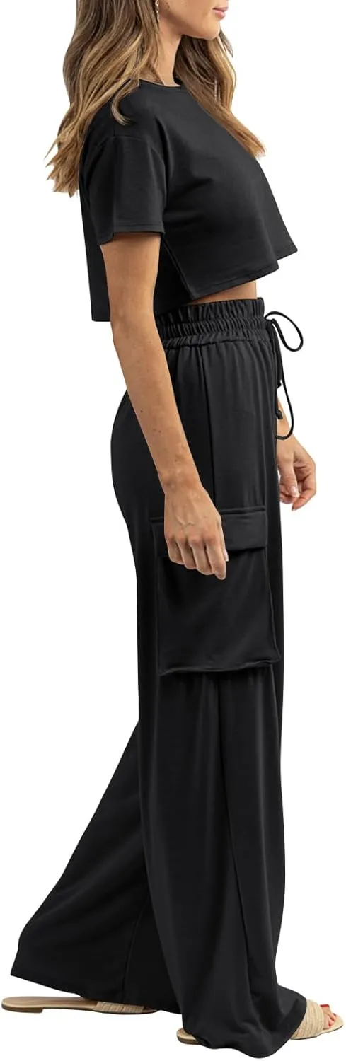 Womens 2 Piece Lounge Sets Summer Short Sleeve Crop Tops Two Piece Outfits Wide Leg Palazzo Pants Set Tracksuits