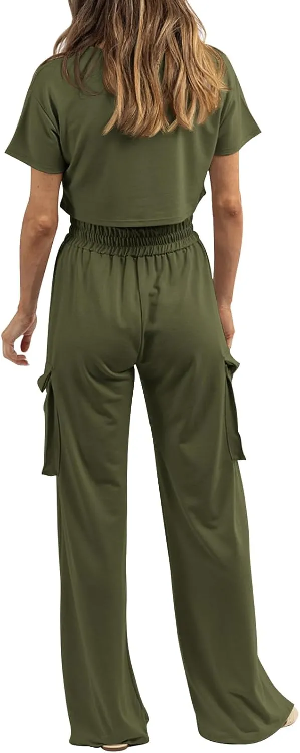 Womens 2 Piece Lounge Sets Summer Short Sleeve Crop Tops Two Piece Outfits Wide Leg Palazzo Pants Set Tracksuits