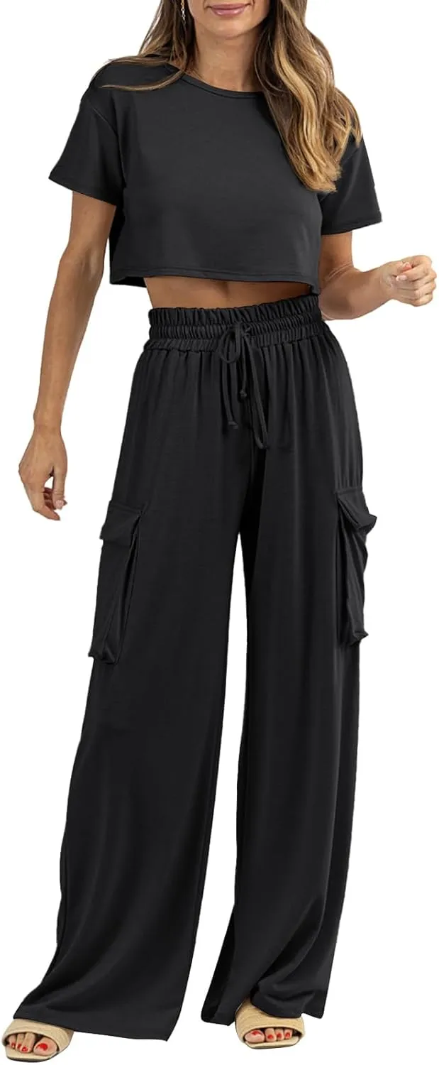 Womens 2 Piece Lounge Sets Summer Short Sleeve Crop Tops Two Piece Outfits Wide Leg Palazzo Pants Set Tracksuits