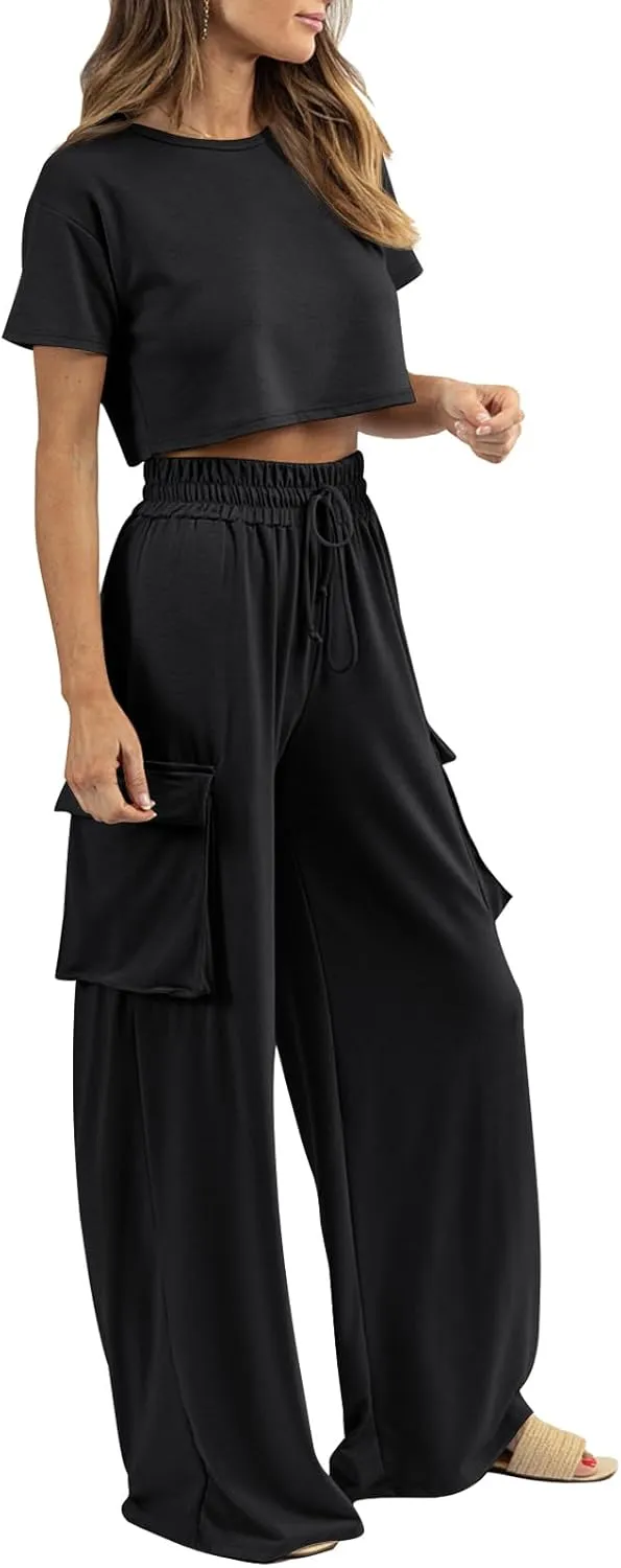 Womens 2 Piece Lounge Sets Summer Short Sleeve Crop Tops Two Piece Outfits Wide Leg Palazzo Pants Set Tracksuits