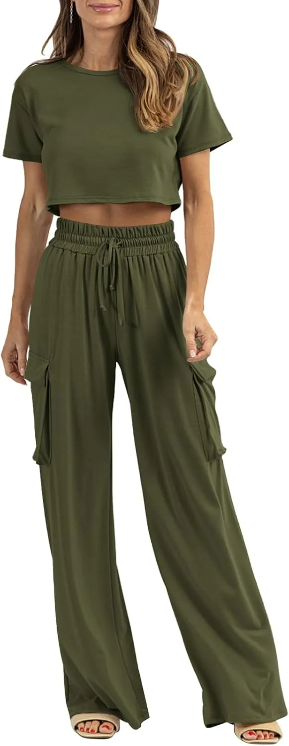 Womens 2 Piece Lounge Sets Summer Short Sleeve Crop Tops Two Piece Outfits Wide Leg Palazzo Pants Set Tracksuits