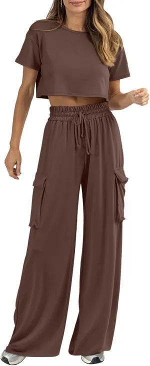 Womens 2 Piece Lounge Sets Summer Short Sleeve Crop Tops Two Piece Outfits Wide Leg Palazzo Pants Set Tracksuits