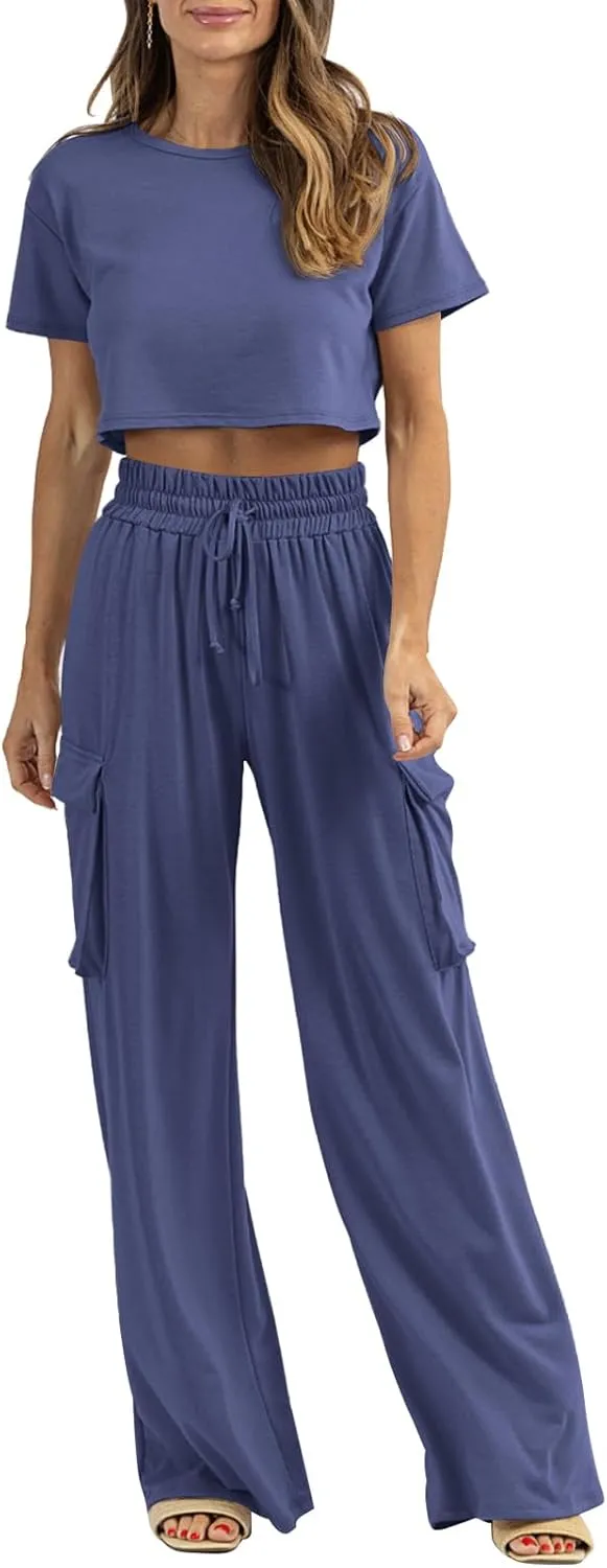 Womens 2 Piece Lounge Sets Summer Short Sleeve Crop Tops Two Piece Outfits Wide Leg Palazzo Pants Set Tracksuits