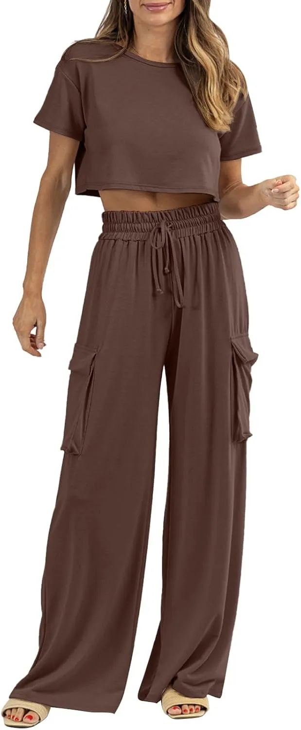 Womens 2 Piece Lounge Sets Summer Short Sleeve Crop Tops Two Piece Outfits Wide Leg Palazzo Pants Set Tracksuits