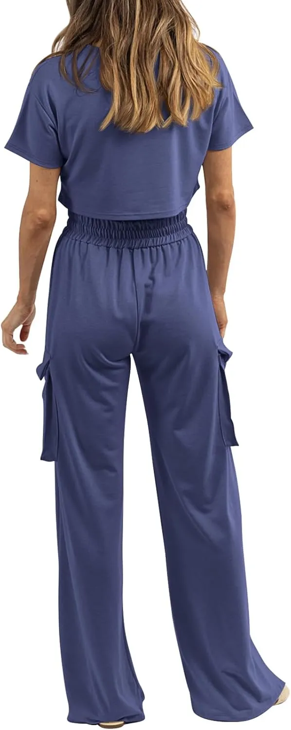 Womens 2 Piece Lounge Sets Summer Short Sleeve Crop Tops Two Piece Outfits Wide Leg Palazzo Pants Set Tracksuits