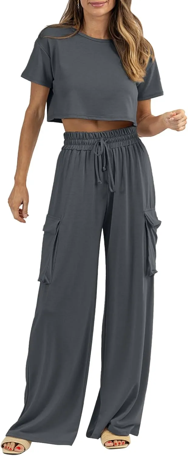 Womens 2 Piece Lounge Sets Summer Short Sleeve Crop Tops Two Piece Outfits Wide Leg Palazzo Pants Set Tracksuits
