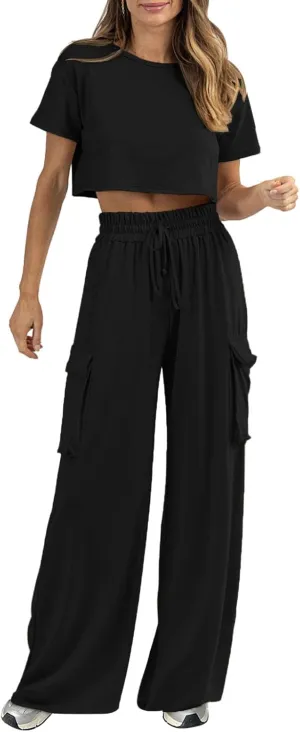 Womens 2 Piece Lounge Sets Summer Short Sleeve Crop Tops Two Piece Outfits Wide Leg Palazzo Pants Set Tracksuits
