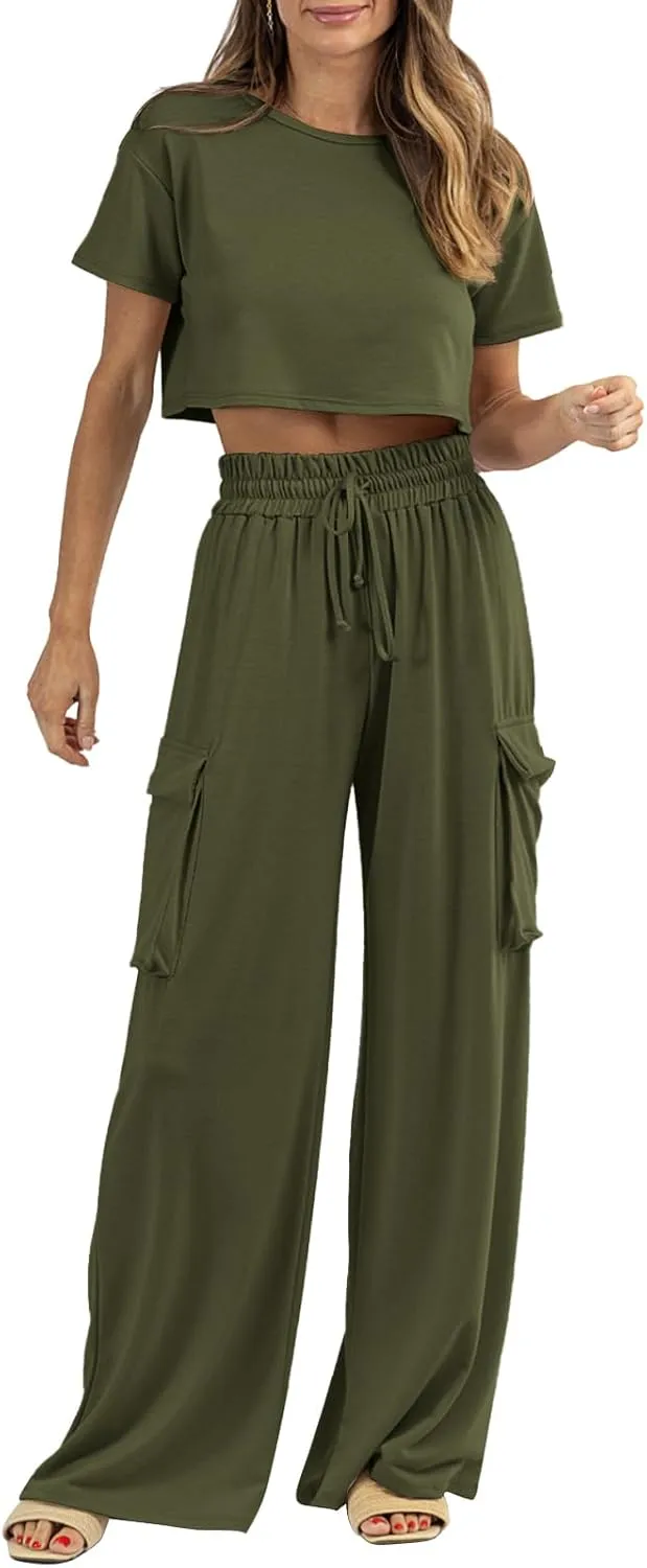 Womens 2 Piece Lounge Sets Summer Short Sleeve Crop Tops Two Piece Outfits Wide Leg Palazzo Pants Set Tracksuits