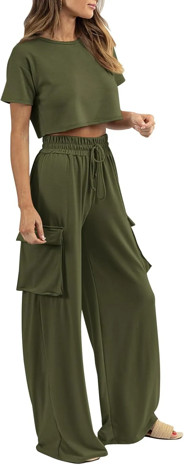 Womens 2 Piece Lounge Sets Summer Short Sleeve Crop Tops Two Piece Outfits Wide Leg Palazzo Pants Set Tracksuits