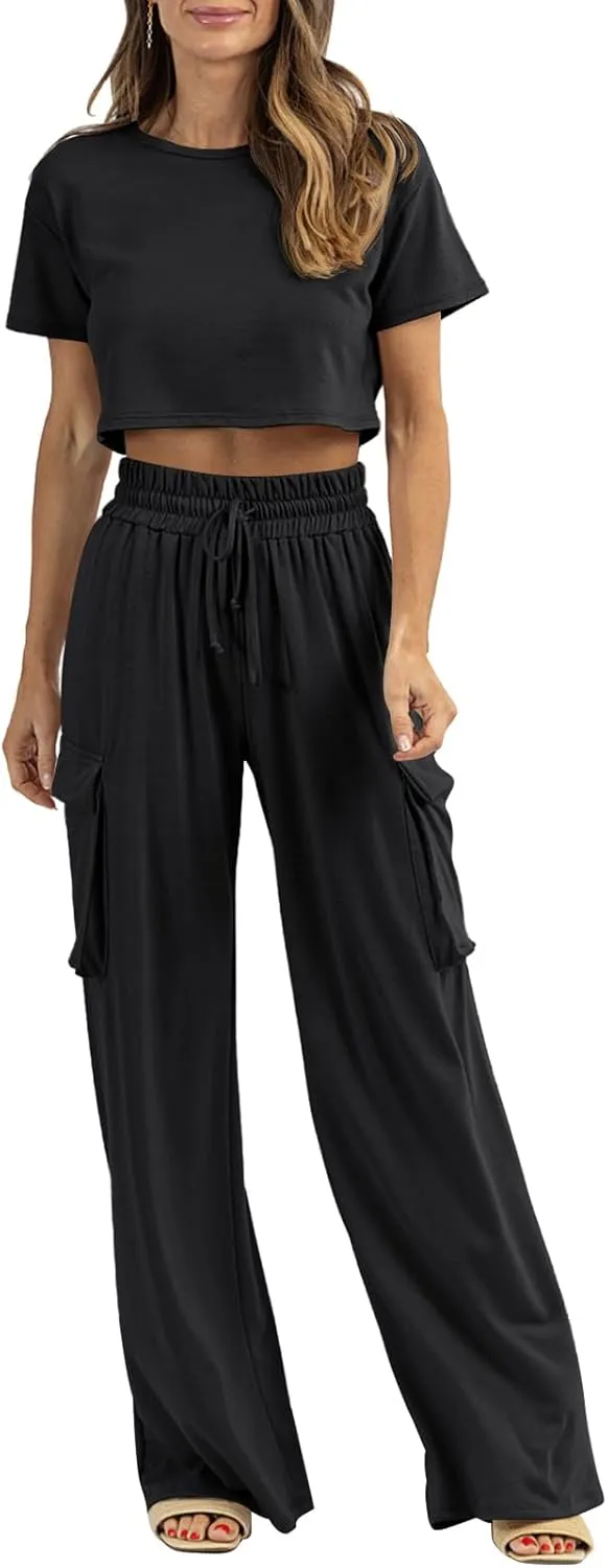 Womens 2 Piece Lounge Sets Summer Short Sleeve Crop Tops Two Piece Outfits Wide Leg Palazzo Pants Set Tracksuits