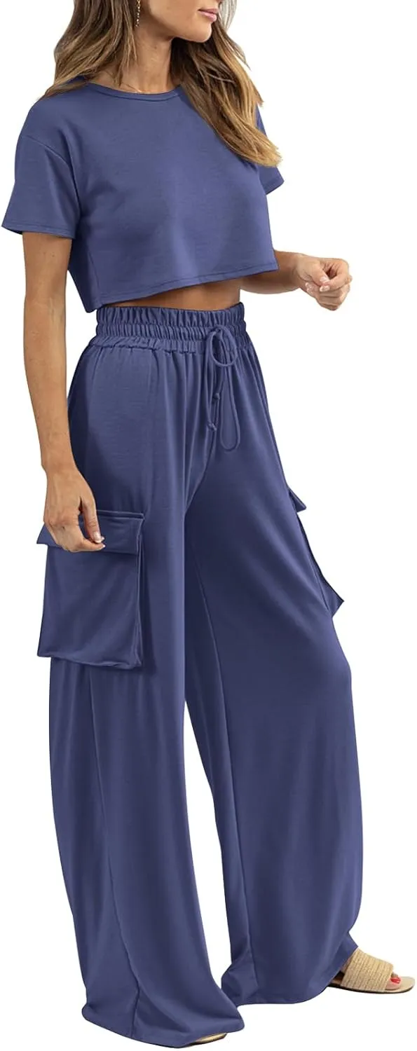 Womens 2 Piece Lounge Sets Summer Short Sleeve Crop Tops Two Piece Outfits Wide Leg Palazzo Pants Set Tracksuits