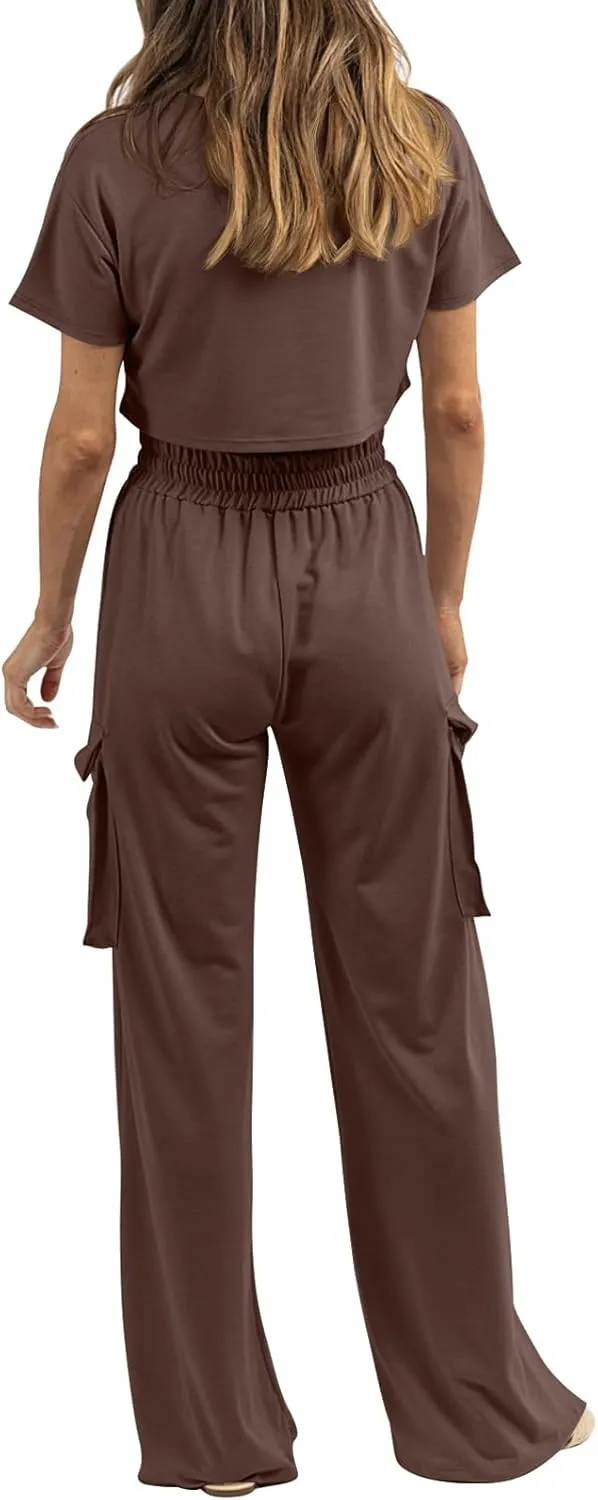 Womens 2 Piece Lounge Sets Summer Short Sleeve Crop Tops Two Piece Outfits Wide Leg Palazzo Pants Set Tracksuits