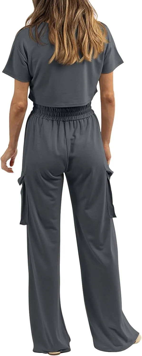 Womens 2 Piece Lounge Sets Summer Short Sleeve Crop Tops Two Piece Outfits Wide Leg Palazzo Pants Set Tracksuits