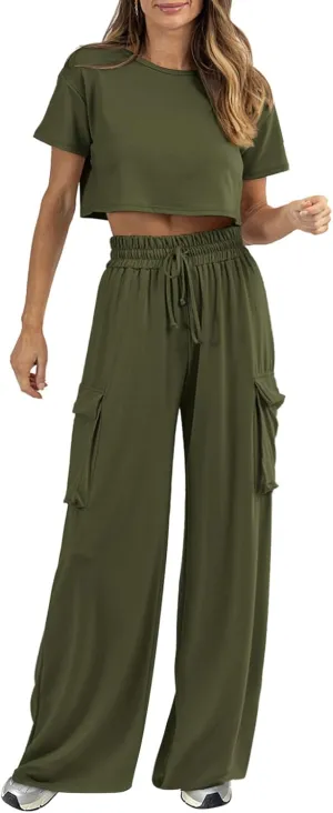 Womens 2 Piece Lounge Sets Summer Short Sleeve Crop Tops Two Piece Outfits Wide Leg Palazzo Pants Set Tracksuits