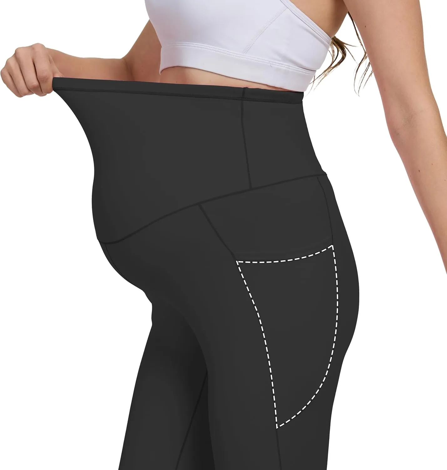 Womens 28/30 Inseam Soft Feeling Flare Maternity Yoga Pants Over The Belly with Pockets Pregnancy Leggings Casual