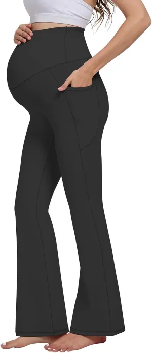 Womens 28/30 Inseam Soft Feeling Flare Maternity Yoga Pants Over The Belly with Pockets Pregnancy Leggings Casual