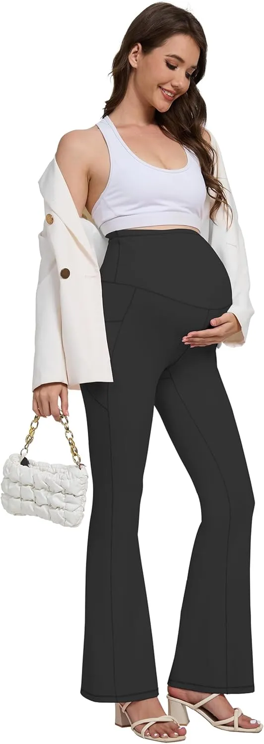 Womens 28/30 Inseam Soft Feeling Flare Maternity Yoga Pants Over The Belly with Pockets Pregnancy Leggings Casual