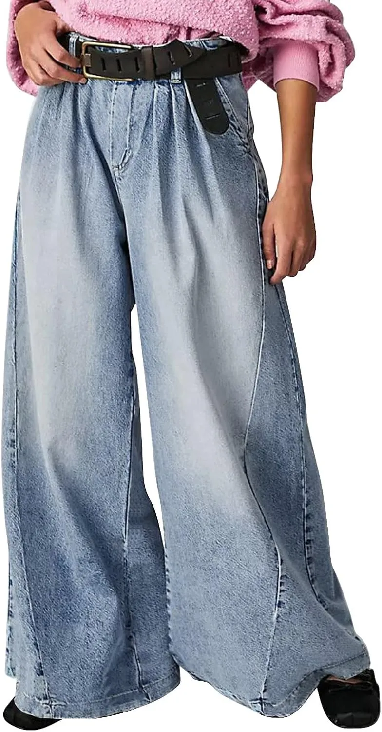 Women's Barrel Jeans Casual High Waisted Stretchy Wide Leg Pants Baggy Denim Pants