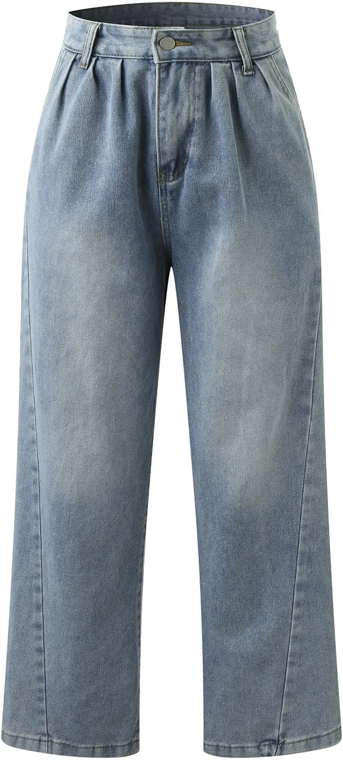 Women's Barrel Jeans Casual High Waisted Stretchy Wide Leg Pants Baggy Denim Pants