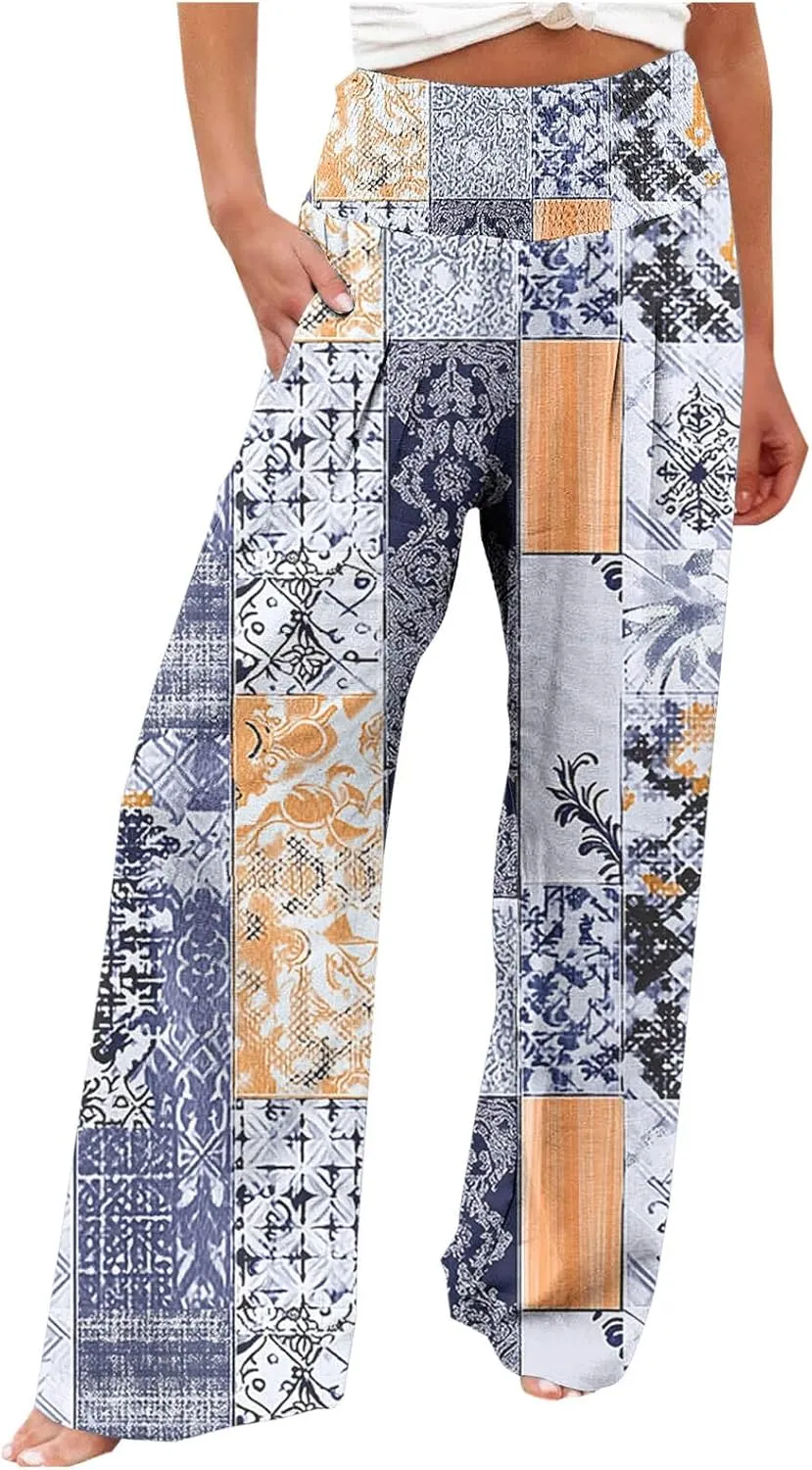 Womens Bohemian Wide Leg Pants Smocked High Waist Flowy Beach Trousers 2025 Summer Casual Boho Loose Palazzo Pants
