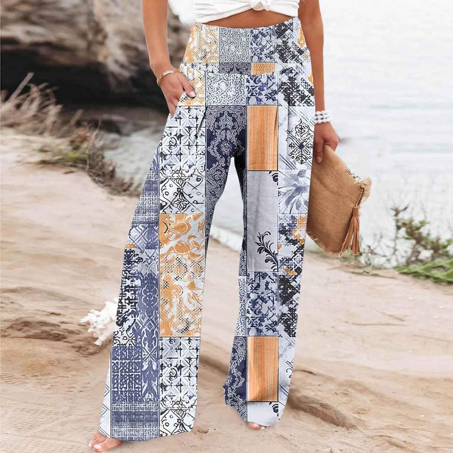 Womens Bohemian Wide Leg Pants Smocked High Waist Flowy Beach Trousers 2025 Summer Casual Boho Loose Palazzo Pants