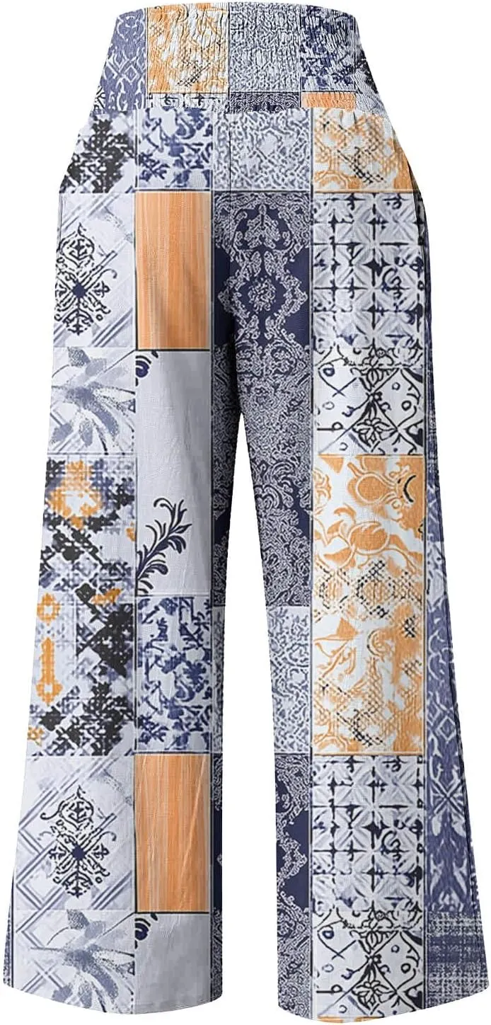Womens Bohemian Wide Leg Pants Smocked High Waist Flowy Beach Trousers 2025 Summer Casual Boho Loose Palazzo Pants