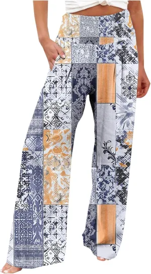 Womens Bohemian Wide Leg Pants Smocked High Waist Flowy Beach Trousers 2025 Summer Casual Boho Loose Palazzo Pants