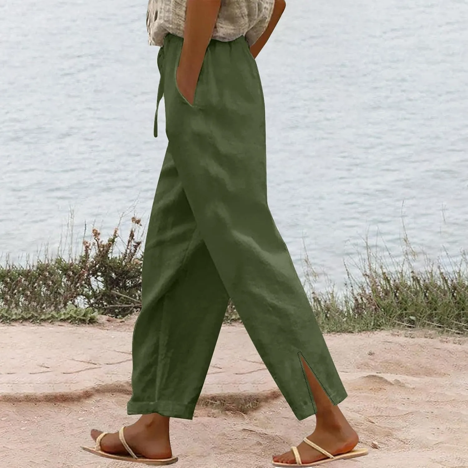 Womens Capris Linen Pants High Waist Drawstring Comfy Casual Pants Lounge Lightweight Loose Trousers with Pockets