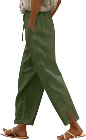 Womens Capris Linen Pants High Waist Drawstring Comfy Casual Pants Lounge Lightweight Loose Trousers with Pockets