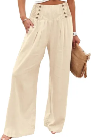 Women's Casual Long Palazzo Pants Cotton Linen Elastic High Waist Wide Leg Pant Loose Lounge Comfy Beach Trousers